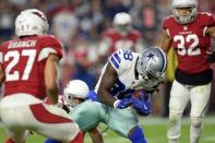 Sep 25, 2017; Glendale, AZ, USA; Dallas Cowboys wide receiver Dez Bryant (88) pushes towards the end zone for a touchdown against the Arizona Cardinals during the second half at University of Phoenix Stadium. Mandatory Credit: Joe Camporeale-USA TODAY Sports