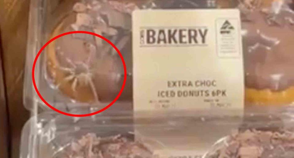 The spider was filmed crawling across the packs of donuts. Source: Twitter/ Ben Thomas