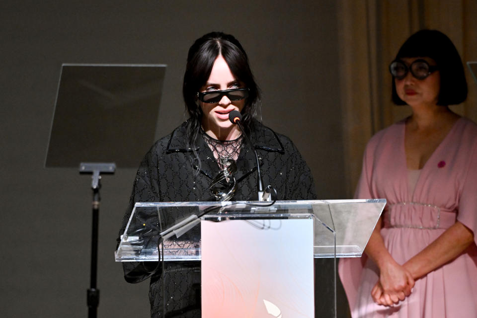 Billie Eilish speaks onstage at the 26th Costume Designers Guild Awards held at Neuehouse Hollywood on February 21, 2024 in Los Angeles, California.