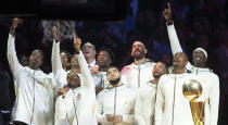 The Raptors anxiously waited to see the championship banner unveiled. (Chris Young/The Canadian Press via AP)