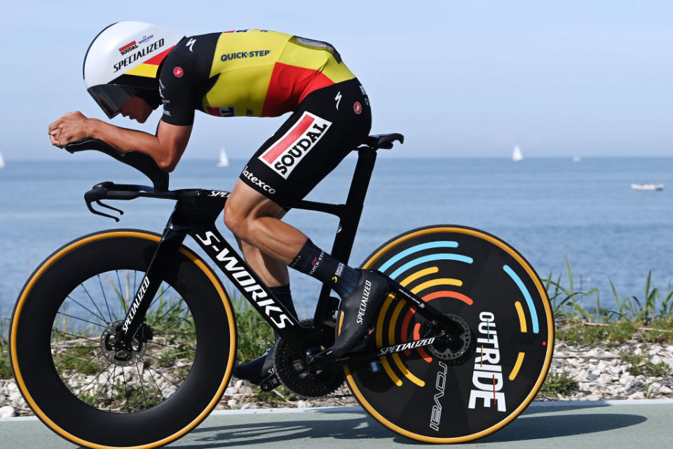 ORTONA ITALY  MAY 06 Remco Evenepoel of Belgium and Team Soudal  Quick Step sprints during the 106th Giro dItalia 2023 Stage 1 a 196km individual time trial from Fossacesia Marina to Ortona  UCIWT  on May 06 2023 in Ortona Italy Photo by Tim de WaeleGetty Images