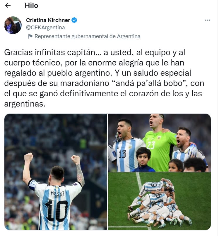  Cristina Kirchner y la felicitación a la Selección por Twitter