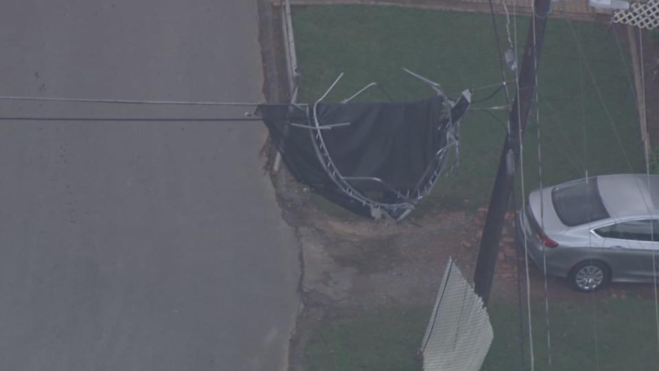 A neighbor living in Lowell told Channel 9 a trampoline blew up onto power lines last week in front of his house, suspending it in midair. He lives on Oakland Street near Highway 7.