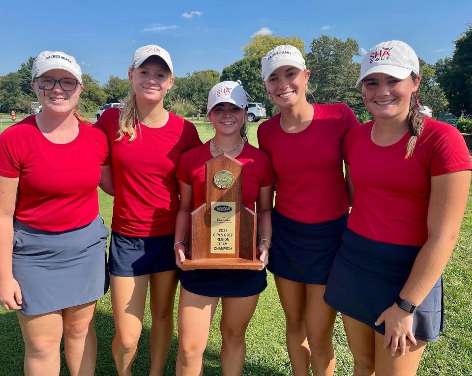 From left to right, Ella Pankonin, Charly Garner, Grace Vernon, Brooklyn Bohnert and Emma Lindemoen return to lead the 2023 Sacred Heart Academy golf team.