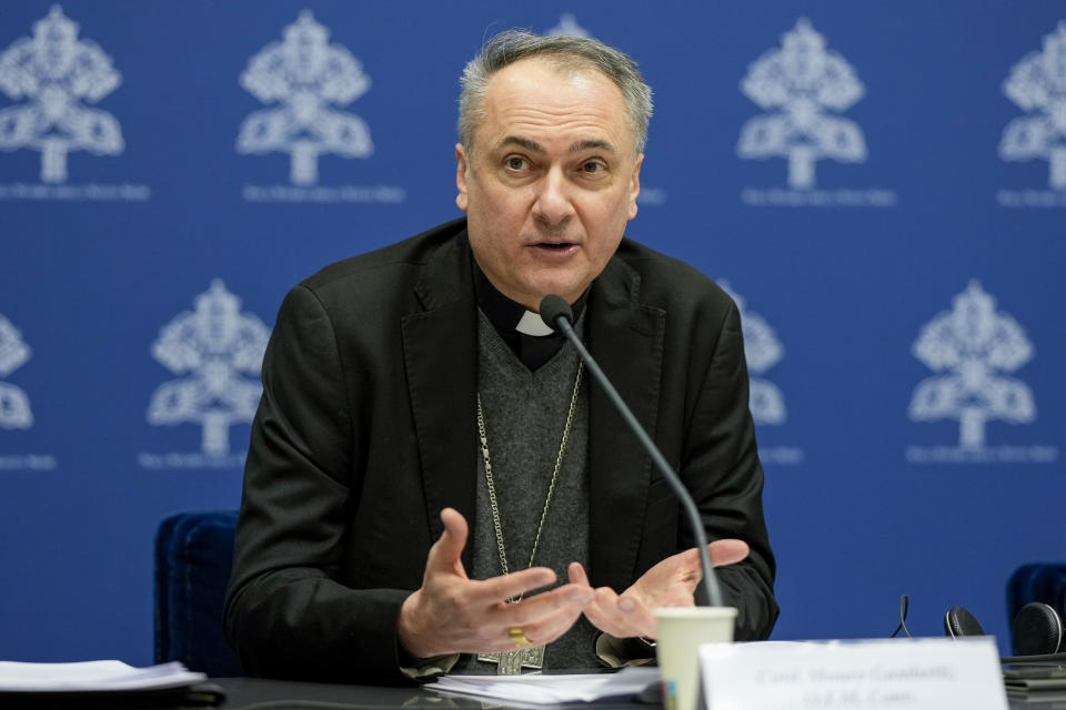 Cardinal Mauro Gambetti, Archpriest of the Papal Basilica of St. Peter and President of the Fabric of St. Peter, talks during a press conference at The Vatican, Monday, Jan. 1, 2024. Vatican officials unveiled plans, Thursday, Jan. 11, 2024, for a year-long, 700,000 euro restoration of the 17th century, 95ft-tall bronze canopy by Giovan Lorenzo Bernini surmounting the papal Altar of the Confession of the Basilica, pledging to complete the first comprehensive work on this masterpiece in 250 years before Pope Francis' big 2025 Jubilee. (AP Photo/Andrew Medichini)