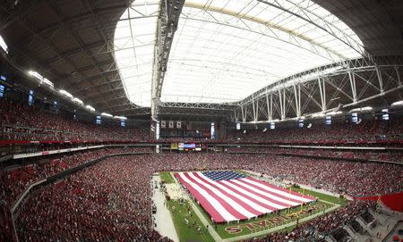 A giant U.S. flag is displayed on the field during pre-game ceremonies before the NFL football game between the Arizona Cardinals and the Carolina Panthers in Glendale, Arizona in this September 11, 2011 file photo. REUTERS/Rick Scuteri/Files