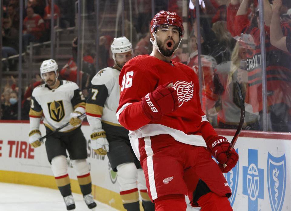 Detroit Red Wings defenseman Jake Walman (96) celebrates after his goal against the Vegas Golden Knights during the first period of an NHL hockey game Saturday, Jan. 27, 2024, in Detroit. (AP Photo/Duane Burleson)
