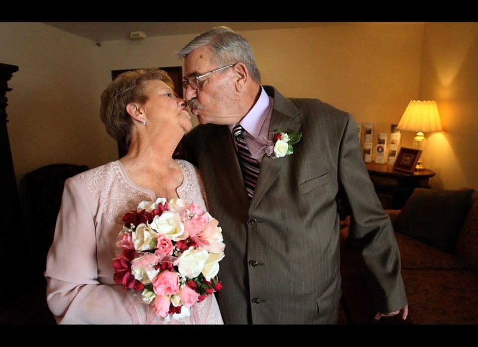 Mozelle Wales, 72, married Gene Kincheloe, 66, on Feb. 14, 2009, at a funeral home in Twin Falls, Idaho. The couple met at a grief-support group there a year earlier after they both lost their longtime spouses and decided to begin anew together. 