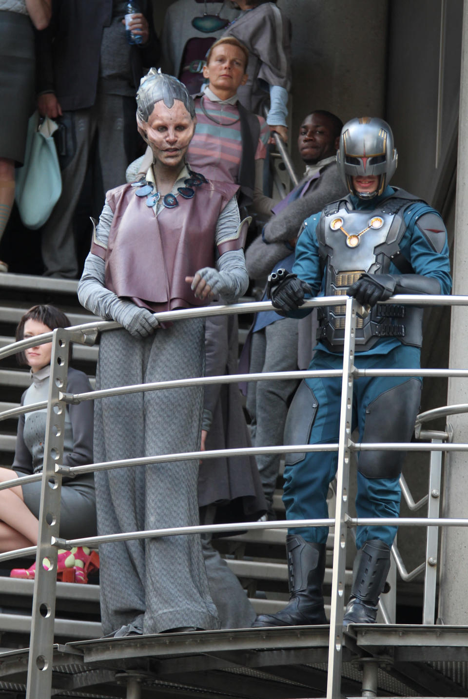 Actors in full make-up filming scenes for "Guardians of the Galaxy" on August 11, 2013 in London, England.