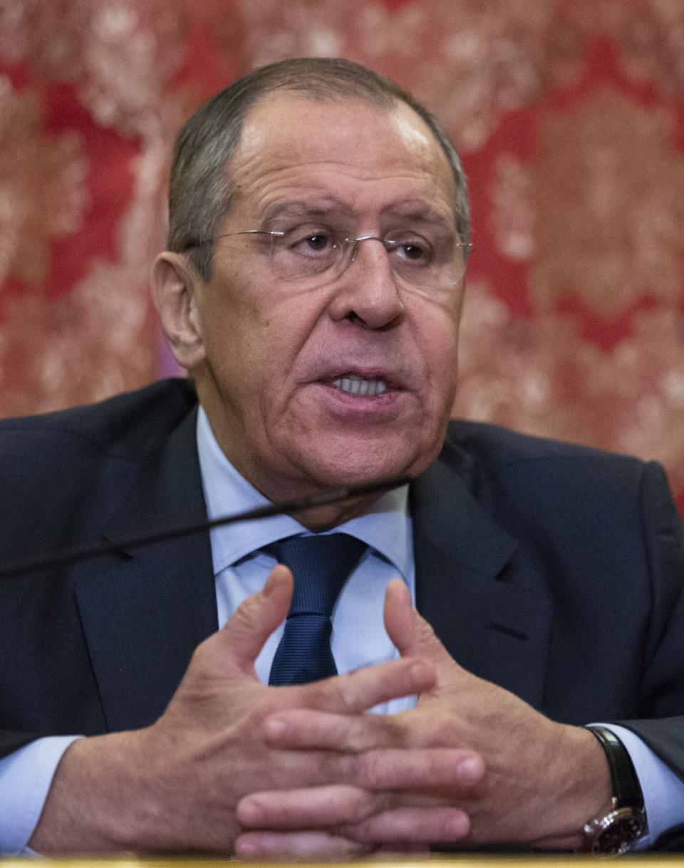 Russian Foreign Minister Sergey Lavrov speaks during his news conference following the talks with Japanese Foreign Minister Taro Kono in Moscow, Russia, Monday, Jan. 14, 2019. The top diplomats of Russia and Japan held talks Monday about disputed islands in the Pacific as Moscow sought to temper Japanese expectations of an imminent deal. (AP Photo/Alexander Zemlianichenko)