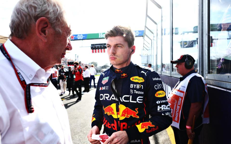 Max Verstappen of the Netherlands and Oracle Red Bull Racing talks to Red Bull Racing Team Consultant Dr Helmut Marko on the grid prior to the F1 Grand Prix of Australia at Melbourne Grand Prix Circuit on April 10, 2022 in Melbourne, Australia