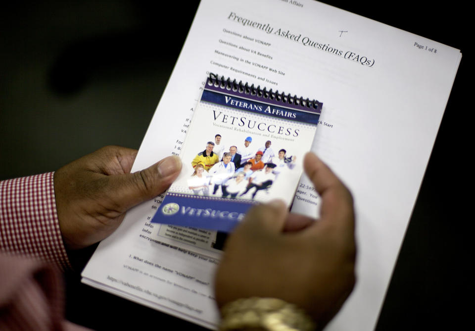 In a Monday, July 2, 2012 photo, Army veteran Chester Dixon, holds an information brochure as he sits in the Georgia Department of Labor office after applying for a a new skills-based program to get out-of-work veterans trained and back in the job market, in Atlanta. The program is first-come, first-serve for qualifying veterans between the ages of 35 and 60 who are unemployed at the time of the application. Veterans who do qualify can receive up to 12 months of education assistance in high demand areas like science and technology. (AP Photo/David Goldman)