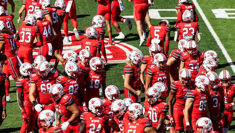 Utah’s football team warms up before their game against Weber State at Rice-Eccles Stadium in Salt Lake City on Saturday, Sept. 16, 2023.