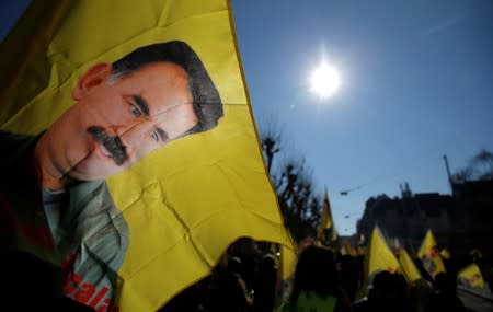 Pro-Kurd protesters take part in a demonstration in support of jailed PKK leader Ocalan in Strasbourg