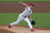 Cincinnati Reds' Anthony DeSclafani throws in the first inning during a baseball game against the St. Louis Cardinals in Cincinnati, Monday, Aug. 31, 2020. (AP Photo/Aaron Doster)
