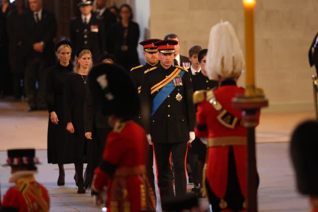 Prince William, Prince of Wales, Prince Harry, Duke of Sussex, Princess Eugenie of York, Princess Beatrice of York, Peter Phillips, Zara Tindall, Lady Louise Windsor, James, Viscount Severn arrive to hold a vigil in honour of Queen Elizabeth II at Westminster Hall (Photo: WPA Pool via Getty Images)