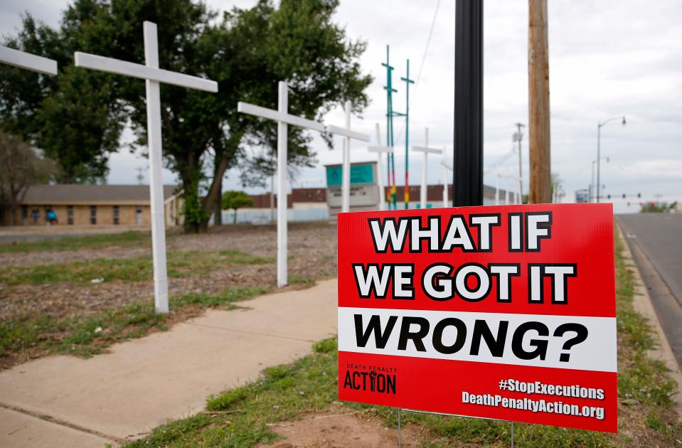 Crosses are pictured Wednesday at the Clark United Methodist Church in Oklahoma City. The crosses are memorials for those executed by the state of Oklahoma.