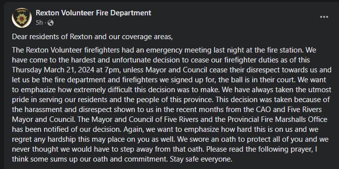 A Facebook post from the Rexton Fire Department.