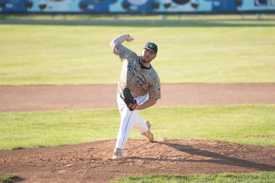 Battle Jacks pitcher Kameron Haviland pitches during their home opener against the Kokomo Jackrabbits at C.O. Brown Stadium on Monday, May 29, 2023.