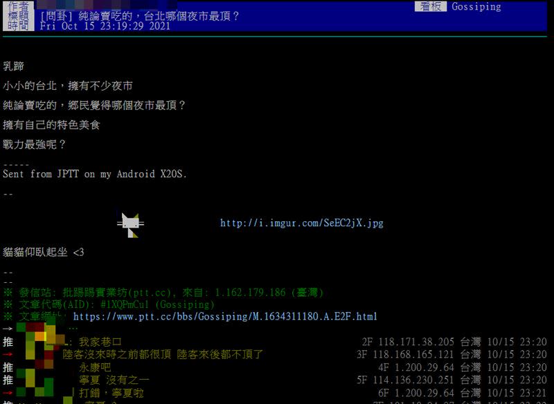 網友詢問，如果單純論吃的，哪個夜市最厲害？（圖／翻攝自批踢踢）