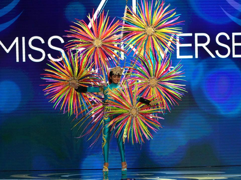 Miss The Bahamas, Angel J. Cartwright walks onstage during The 71st Miss Universe Competition National Costume Show