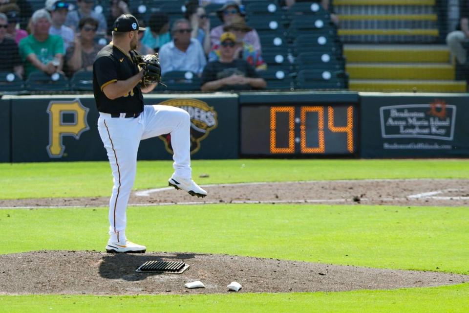 Pittsburgh Pirates relief pitcher David Bednar (51) throws a pitch against the Toronto Blue Jays in the fourth inning during spring training at LECOM Park in February 2023.