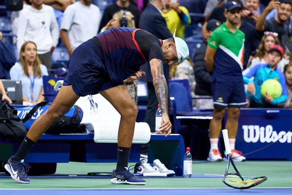 ick Kyrgios of Australia smashes his racket after being defeated by Karen Khachanov in their Men’s Singles Quarterfinal match on Day Nine of the 2022 US Open at USTA Billie Jean King National Tennis Center on September 06, 2022 in the Flushing neighborhood of the Queens borough of New York City.