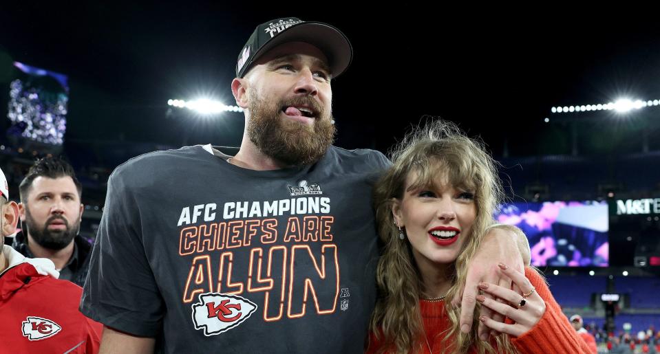 Travis Kelce #87 of the Kansas City Chiefs celebrates with Taylor Swift after a 17-10 victory against the Baltimore Ravens in the AFC championship game at M&T Bank Stadium on Jan. 28, 2024, in Baltimore, Maryland.