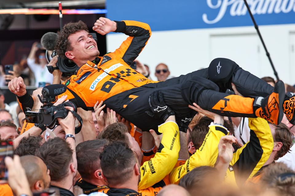 McLaren's British driver Lando Norris celebrates with his crew after winning the Miami Formula One Grand Prix at the Miami International Autodrome in Miami Gardens, Florida, the United States, May 5, 2024. (Photo by Qian Jun/Xinhua via Getty Images)
