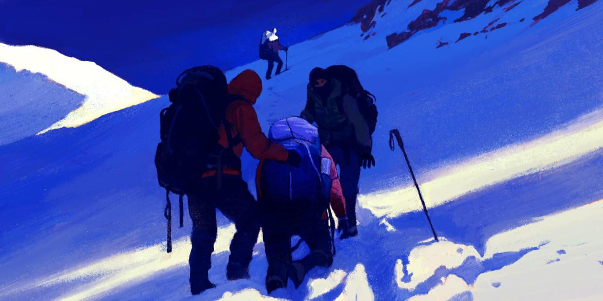 On a mountain top, 2 climbers assist a sick climber while one observes from afar.