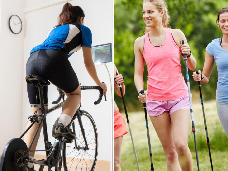 Indoor-Cycling (l.) und Nordic-Walking waren dieses Jahr zwei der begehrtesten Sportarten. (Bild: Robert Kneschke/Shutterstock.com / TORWAISTUDIO/Shutterstock.com)