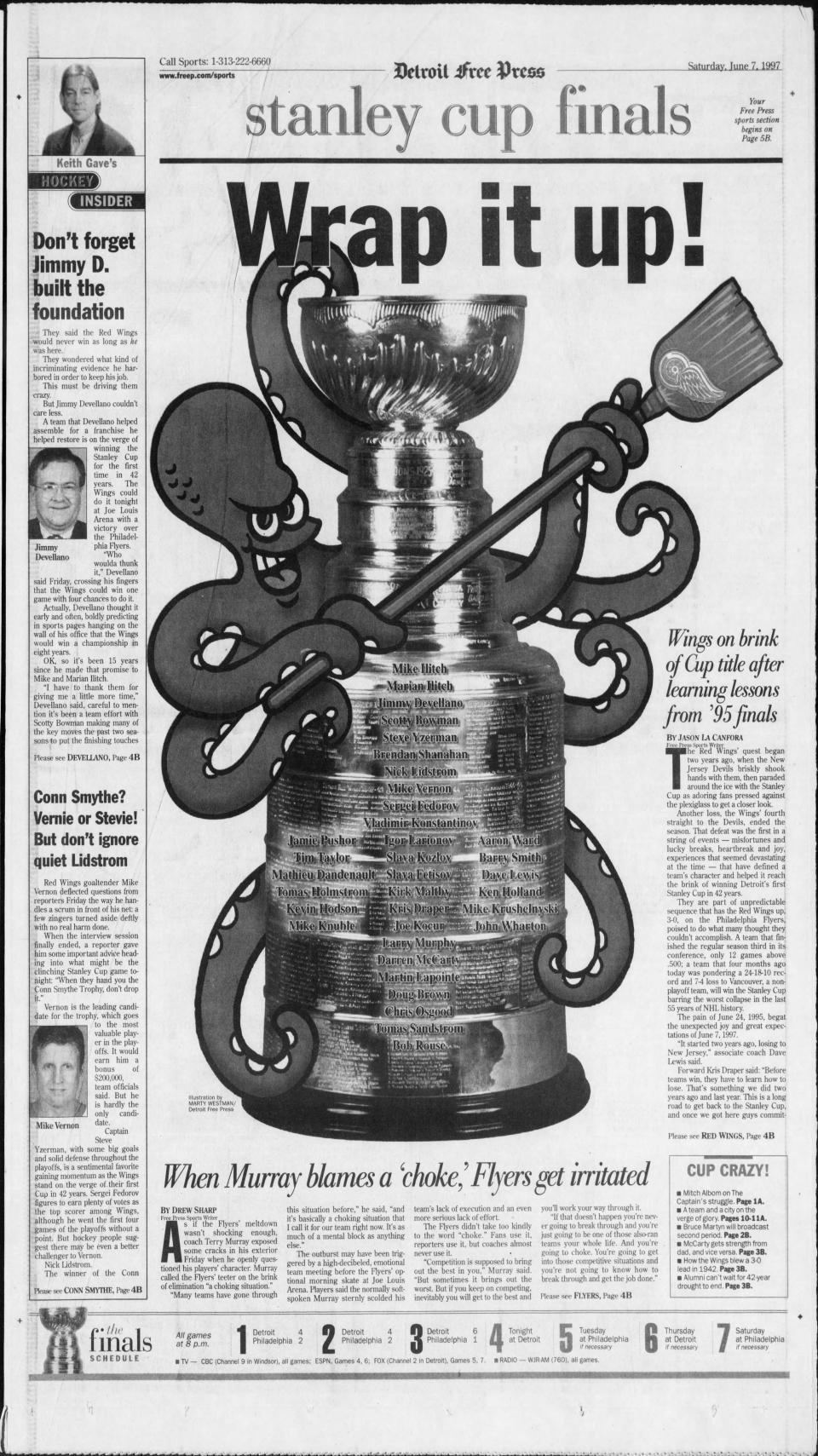 Front of the Detroit Free Press sports section June 7, 1997, leading into the night of Game 4 of the Stanley Cup Finals between the Red Wings and Flyers.