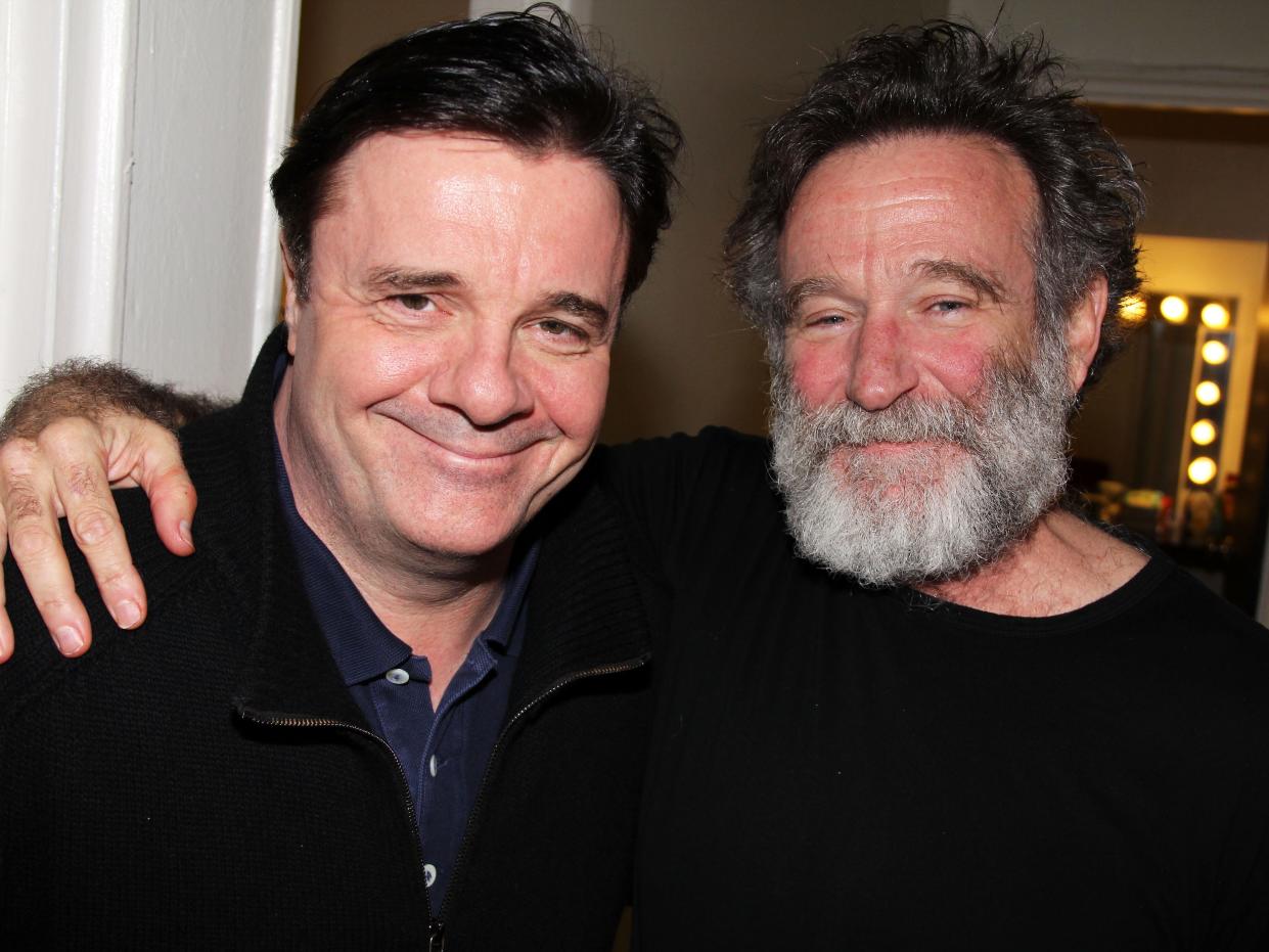 Nathan Lane and Robin Williams pose backstage at the hit play "Bengal Tiger at the Baghdad Zoo" at The Richard Rogers Theater on April 2, 2011 in New York City.