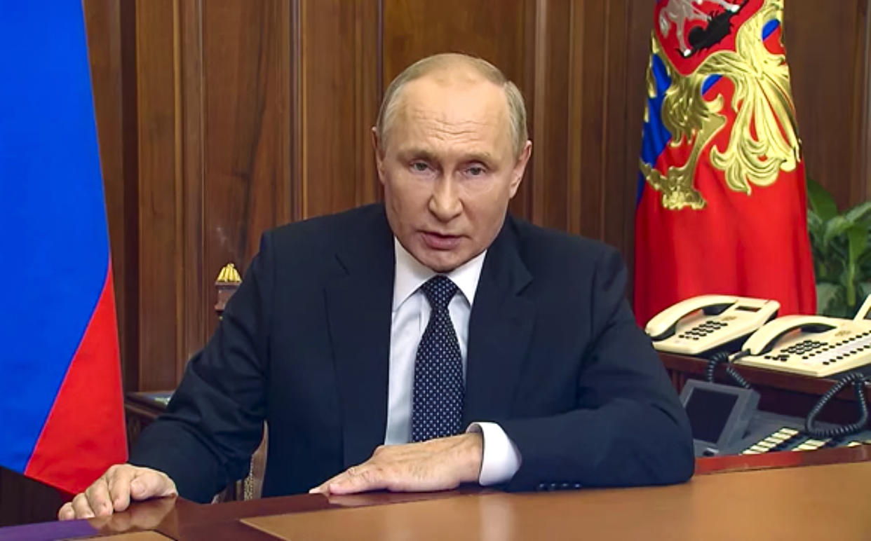 In this image made from video released by the Russian Presidential Press Service, Russian President Vladimir Putin addresses the nation in Moscow, Russia, Wednesday, Sept. 21, 2022. (Russian Presidential Press Service via AP)