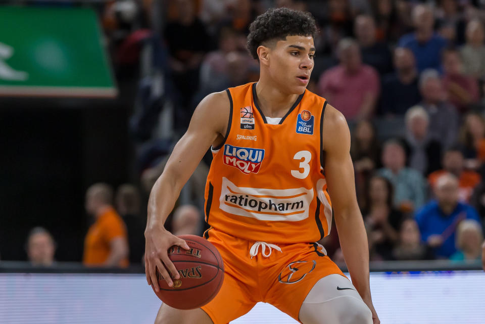 Killian Hayes of Ratiopharm Ulm controls the Ball during the EasyCredit Basketball Bundesliga (BBL) match between Ratiopharm Ulm and MHP Riesen Ludwigsburg at ratiopharm Arena.