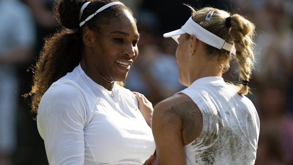 LONDON, ENGLAND – JULY 14: Angelique Kerber of Germany is congratulated by Serena Williams after winning the Ladies’ Singles title on day twelve of the Wimbledon Lawn Tennis Championships at the All England Lawn Tennis and Croquet Club on July 14, 2018 in London, England. (Photo by Visionhaus/Corbis via Getty Images)