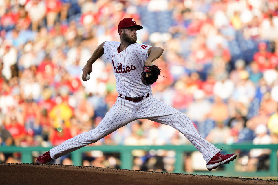 Philadelphia Phillies' Zack Wheeler pitches during the third inning of the team's baseball game against the Chicago Cubs, Saturday, July 23, 2022, in Philadelphia. (AP Photo/Matt Rourke)