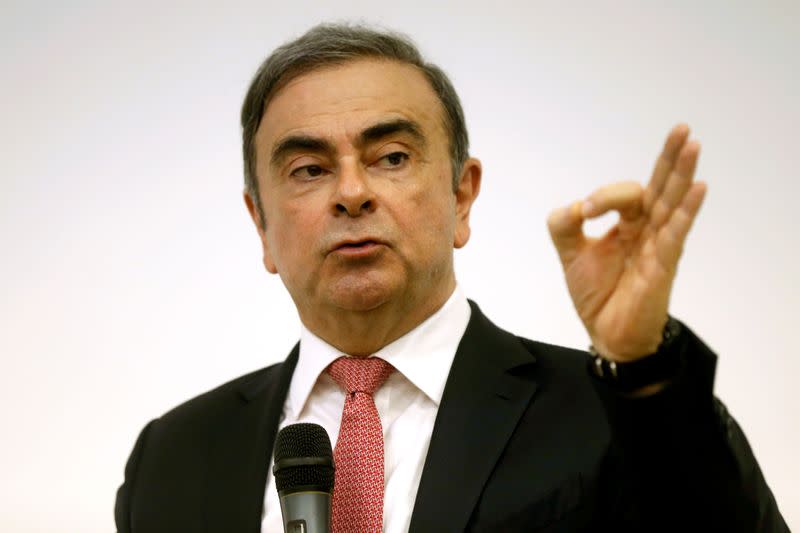 Former Nissan chairman Carlos Ghosn gestures during a news conference at the Lebanese Press Syndicate in Beirut