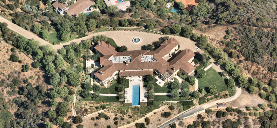 An aerial view of Tyler Perry's Beverly Hills estate, where Prince Harry and Meghan were staying