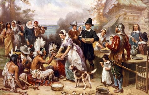 The First Thanksgiving 1621, oil on canvas by Jean Leon Gerome Ferris (1899)