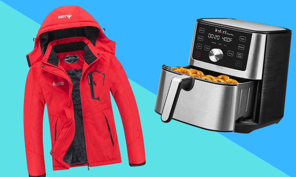 red winter coat and air fryer