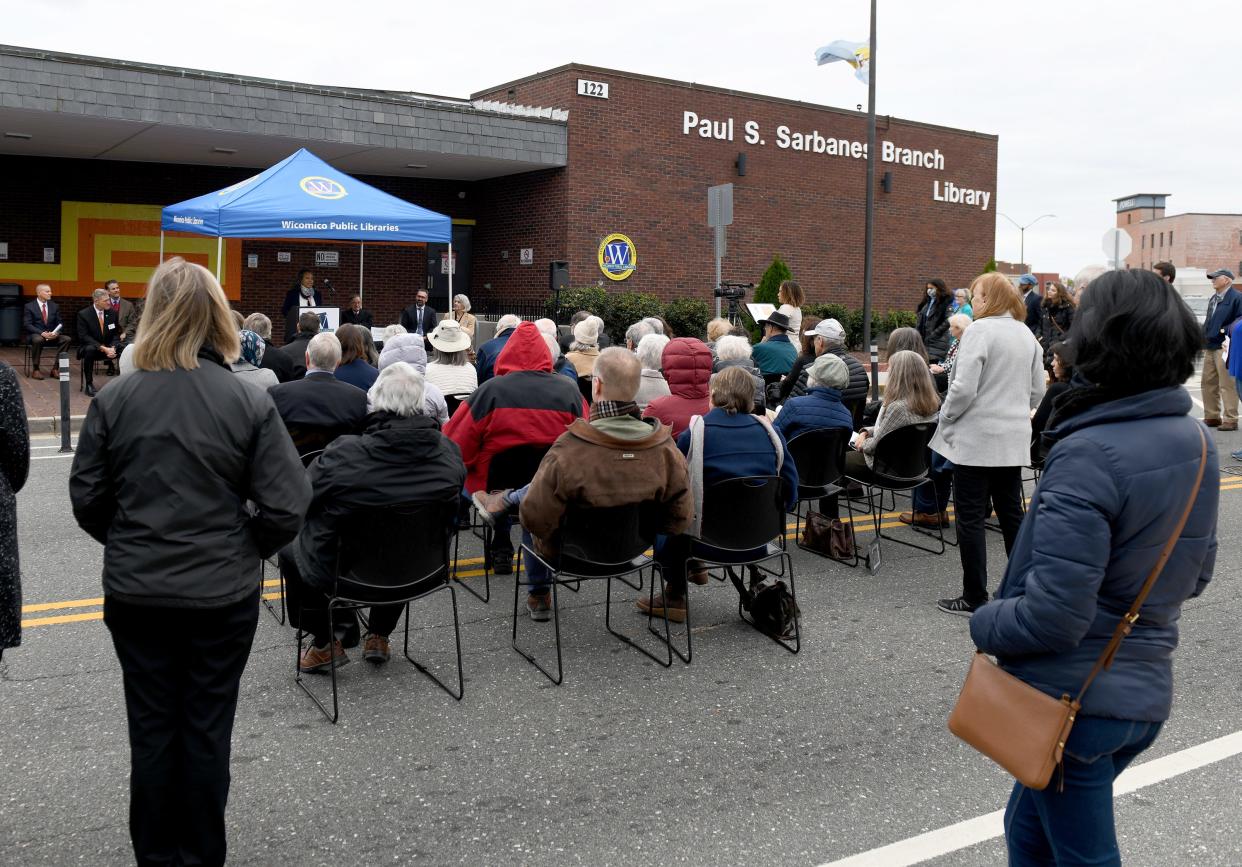 A dedication ceremony is held Saturday, Nov. 6, 2021, for the renaming of the Wicomico Public Libraries downtown Salisbury branch to the Paul S. Sarbanes Branch Library. The renaming honors the late U.S. Sen. Paul Sarbanes, a Salisbury native, who served for 30 years in the U.S. Senate.