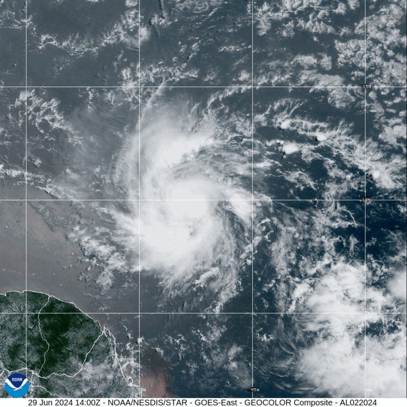 Tropical Storm Beryl was upgraded to a hurricane, seen here on NOAA satellite on Saturday afternoon, and is expected to become a dangerous major hurricane by Monday.