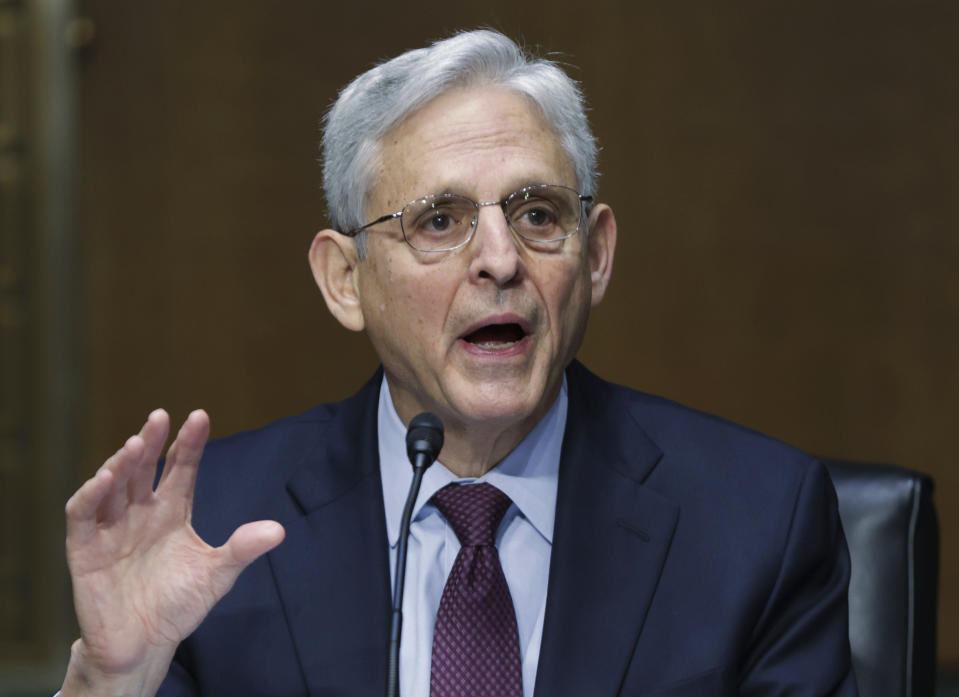 Attorney General Merrick Garland testifies before a Senate Judiciary Committee hearing examining the Department of Justice on Capitol Hill in Washington, Wednesday, Oct. 27, 2021. (Tasos Katopodis/Pool via AP)