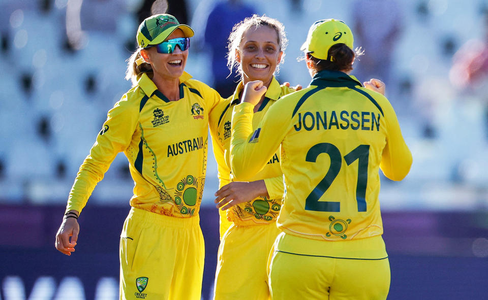 Meg Lanning, Ash Gardner and Jess Jonassen, pictured here celebrating after Australia's win over India at the T20 World Cup. 