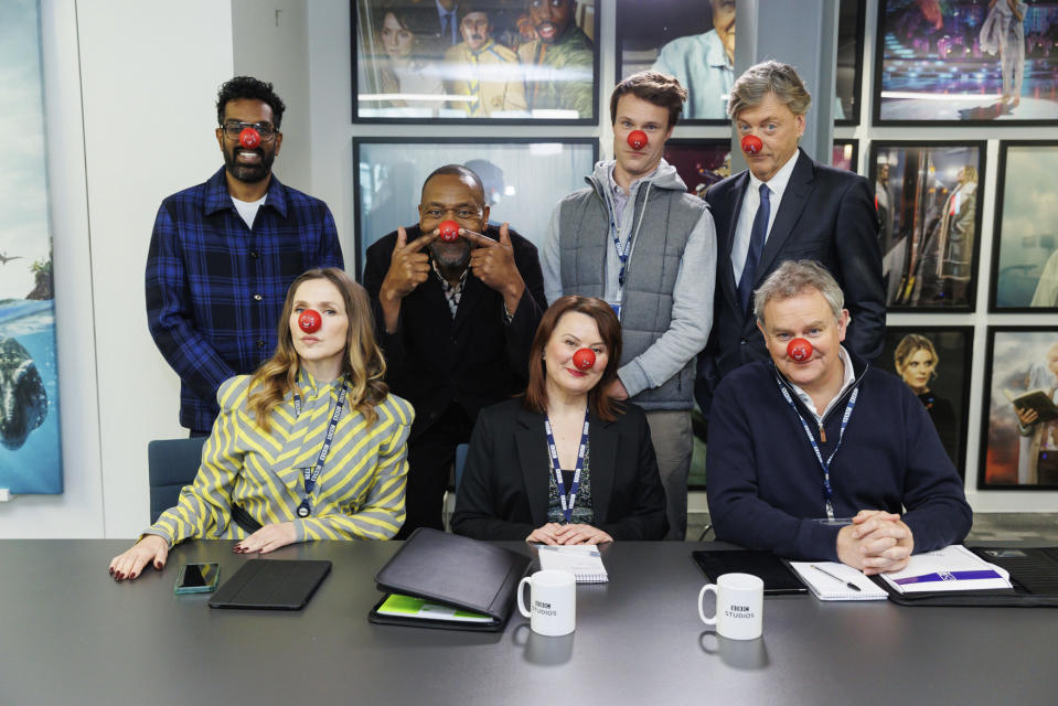 Comic Relief 2024,15-03-2024,W1A â€“ Lenny Henryâ€™s Replacement Sketch ,W1A â€“ Lenny Henryâ€™s Replacement Sketch ,L-R: Romesh Ranganathan, Jessica Hynes, Sir Lenny Henry, Monica Dolan, Hugh Skinner, Richard Madeley and Hugh Bonneville,Comic Relief,Jordan Mansfield