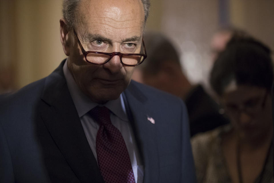 <p>Senate Minority Leader Charles Schumer of N.Y. reacts to questions from reporters about President Donald Trump reportedly sharing classified information with two Russian diplomats during a meeting in the Oval Office, May 16, 2017, on Capitol Hill in Washington. (Photo: J. Scott Applewhite/AP) </p>