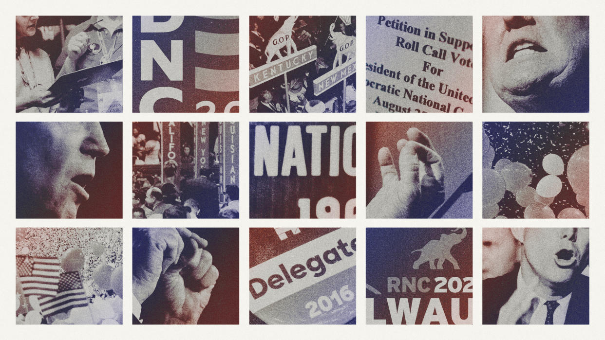  Photo composite of scenes from Democratic and Republican National Conventions, including Joe Biden, Donald Trump, delegates and balloons. 