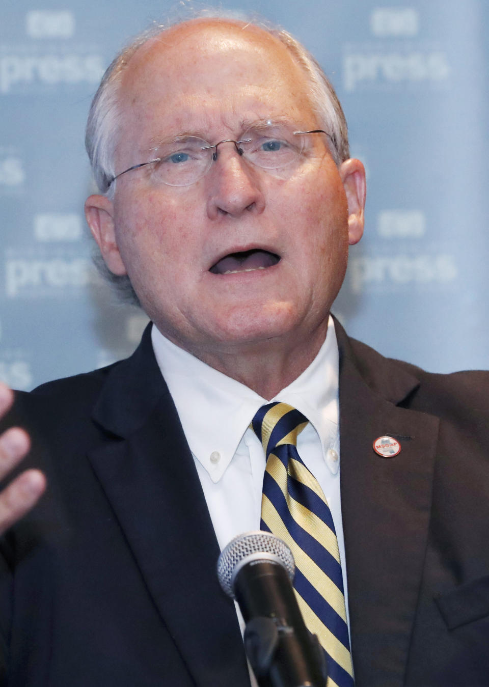 FILE - In this June 21, 2019, file photograph, former Mississippi Supreme Court Chief Justice Bill Waller, a candidate for the Republican nomination for governor, speaks at a candidates forum in Biloxi, Miss. Mississippi candidates for public offices face a campaign finance report deadline, Wednesday, July 10, 2019. (AP Photo/Rogelio V. Solis, File)