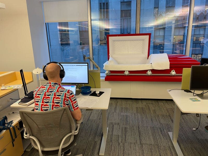 The casket situated in Gizmodo’s Midtown Manhattan office.